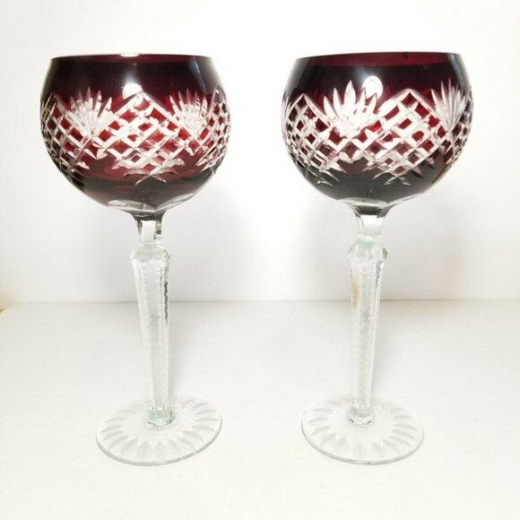 Lot of 2 Bavarian ruby red and clear cut glass wine goblets stemmed glasses 8.5" - Picture 10 of 10